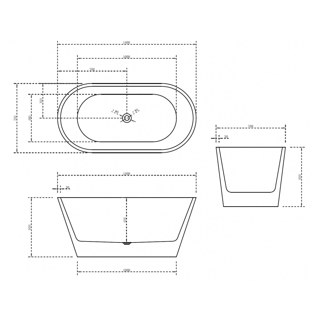 Ванна акриловая отдельностоящая Abber AB9203-1.5 150x80x60 (белый), слив-перелив