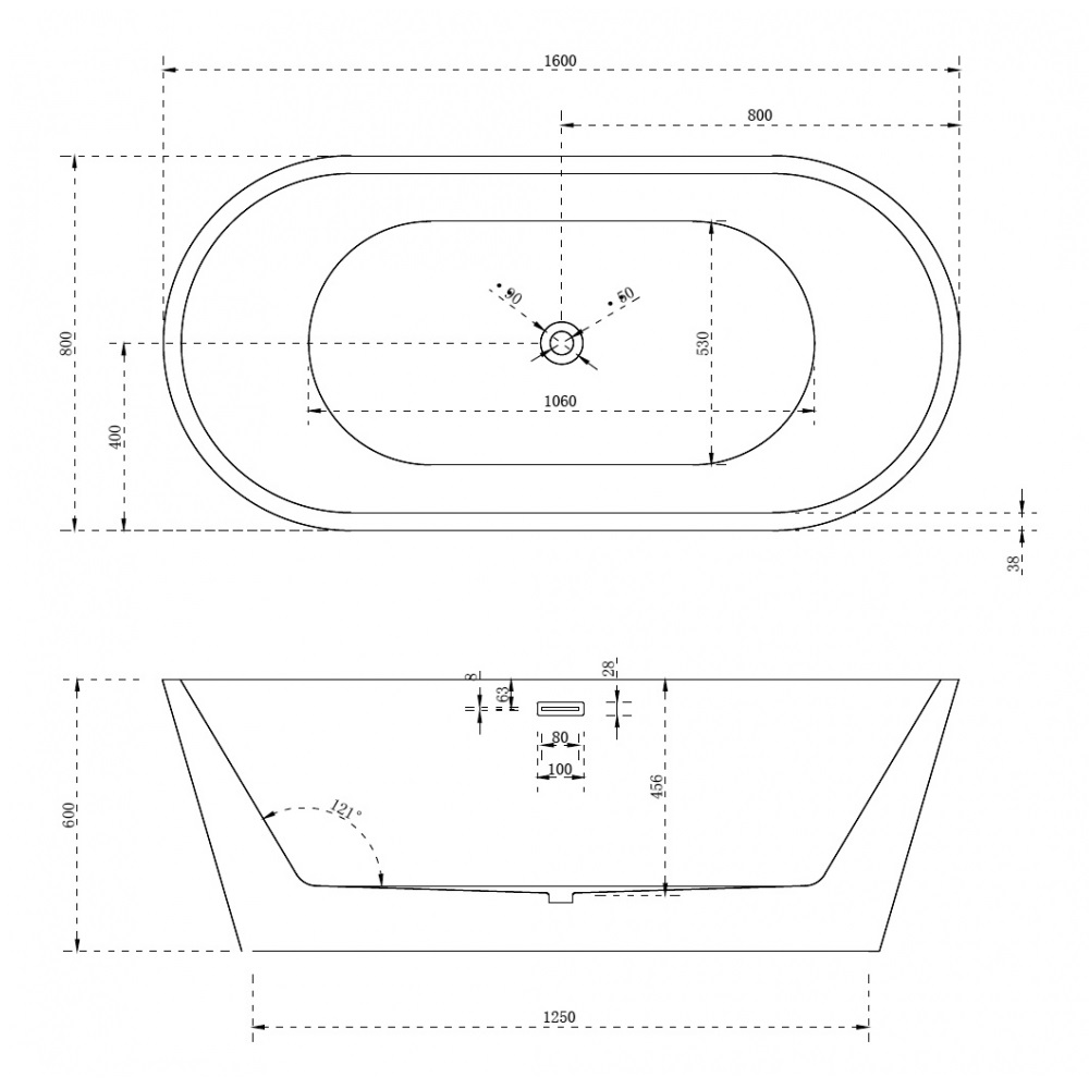 Ванна акриловая отдельностоящая Abber AB9203-1.6 160x80x60 (белый), слив-перелив