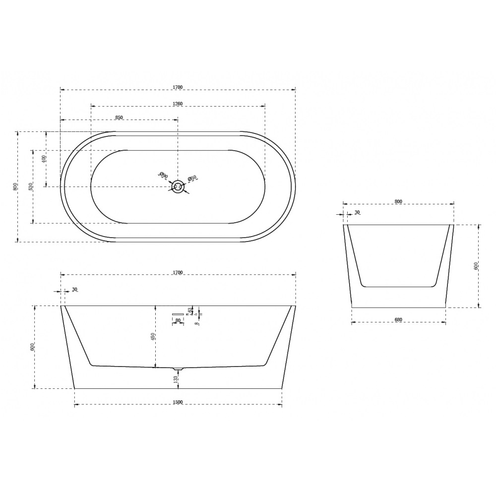 Ванна акриловая отдельностоящая ABBER AB9209MB 170x80x60 (черный матовый), слив-перелив