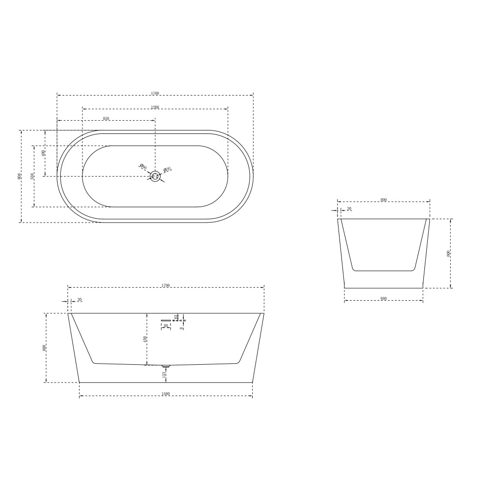 Ванна акриловая отдельностоящая ABBER AB9209MW 170x80x60 (белый матовый), слив-перелив