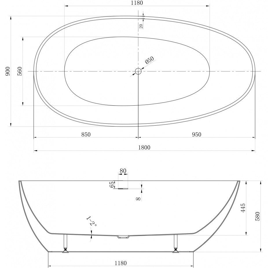Ванна акриловая отдельностоящая Abber AB9211-1.8 180x90x58 (белый), слив-перелив
