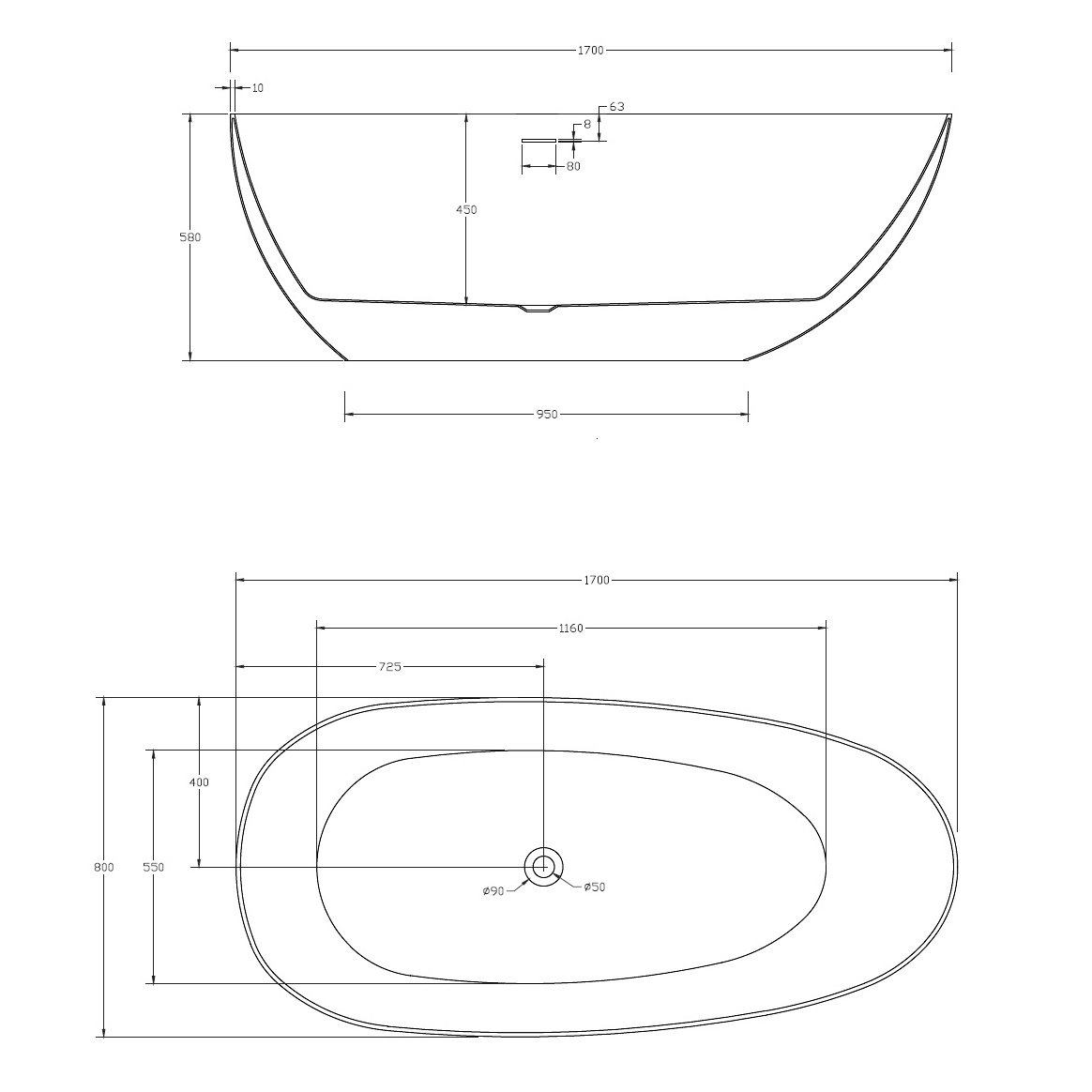 Ванна акриловая отдельностоящая ABBER AB9211 170x80x58 (белый), слив-перелив