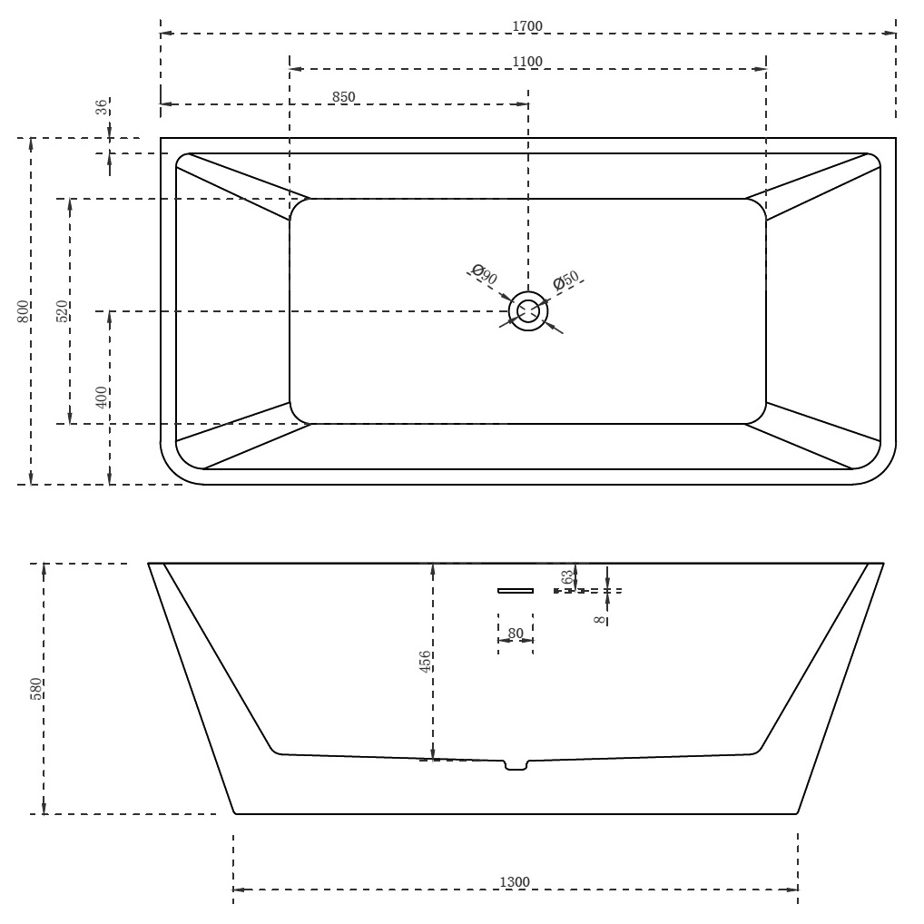 Ванна акриловая отдельностоящая ABBER AB9212-1.7 170x80x58 (белый), слив-перелив