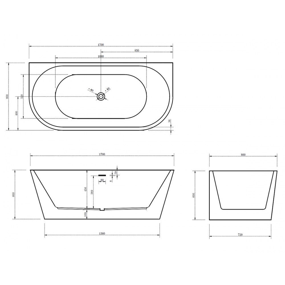 Ванна акриловая пристенная ABBER AB9216-1.7R 170x80x60 (красный), слив-перелив