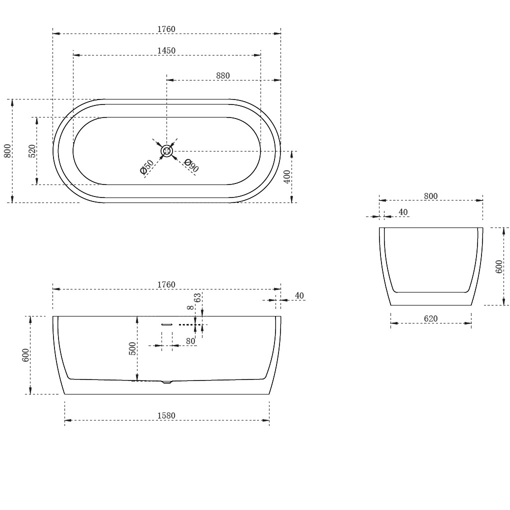 Ванна акриловая отдельностоящая ABBER AB9219 175.5x80x60 (белый), слив-перелив