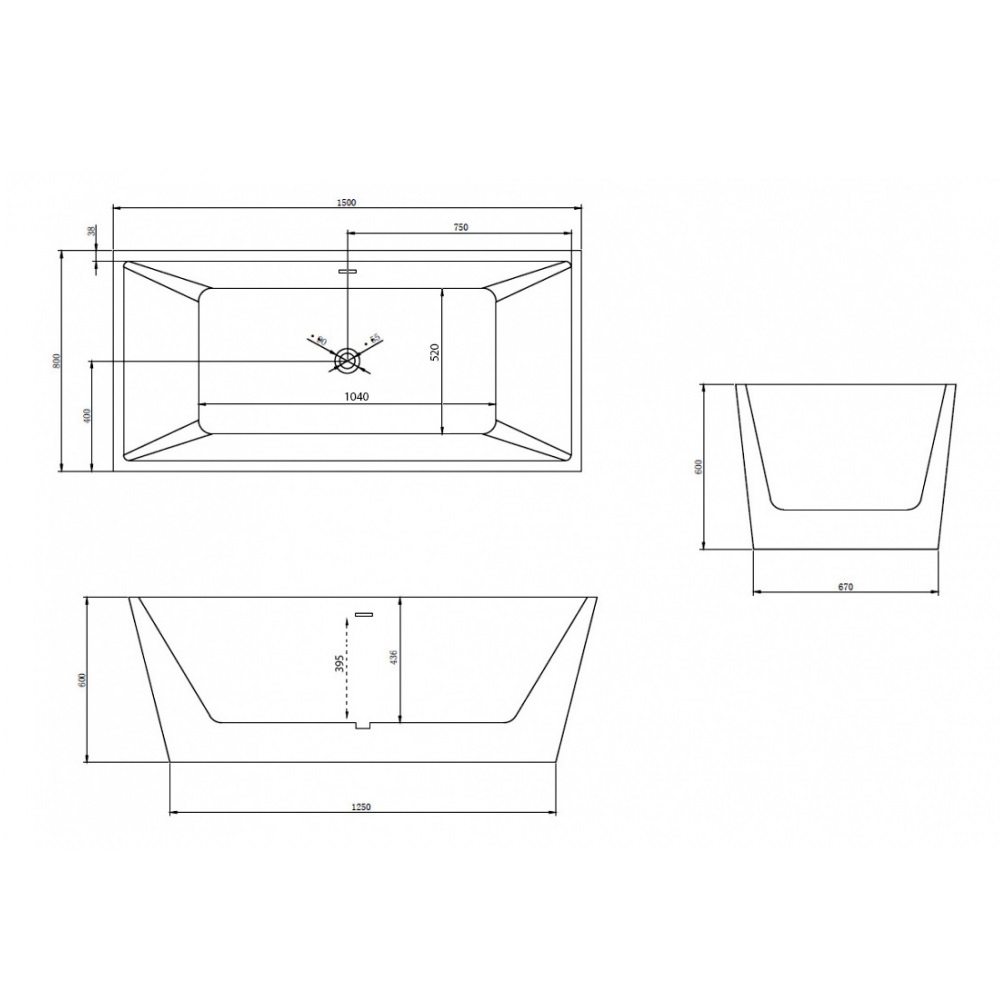 Ванна акриловая отдельностоящая ABBER AB9224-1.5 150x80x60 (белый), слив-перелив