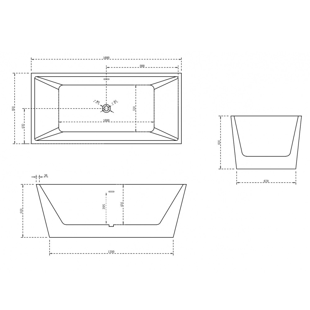 Ванна акриловая отдельностоящая ABBER AB9224-1.6 160x80x60 (белый), слив-перелив