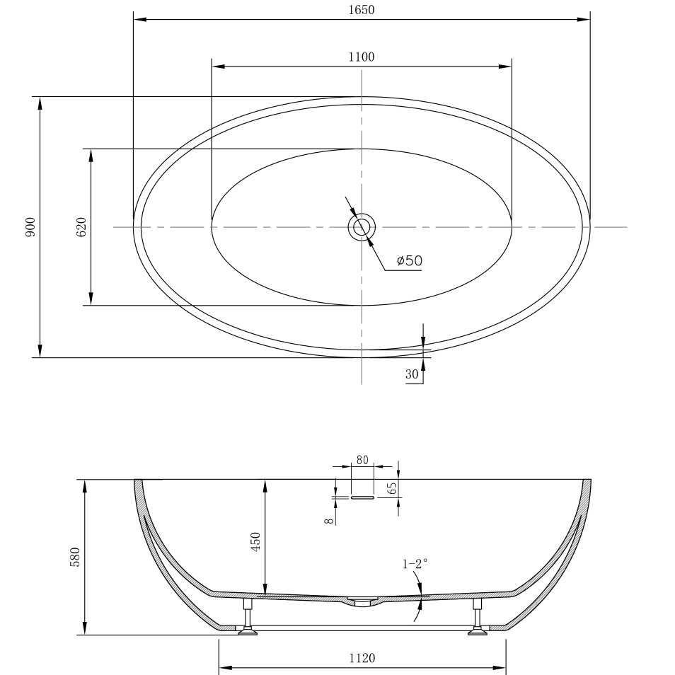 Ванна акриловая отдельностоящая Abber AB9249-1.6 165x90x58 (белый), слив-перелив