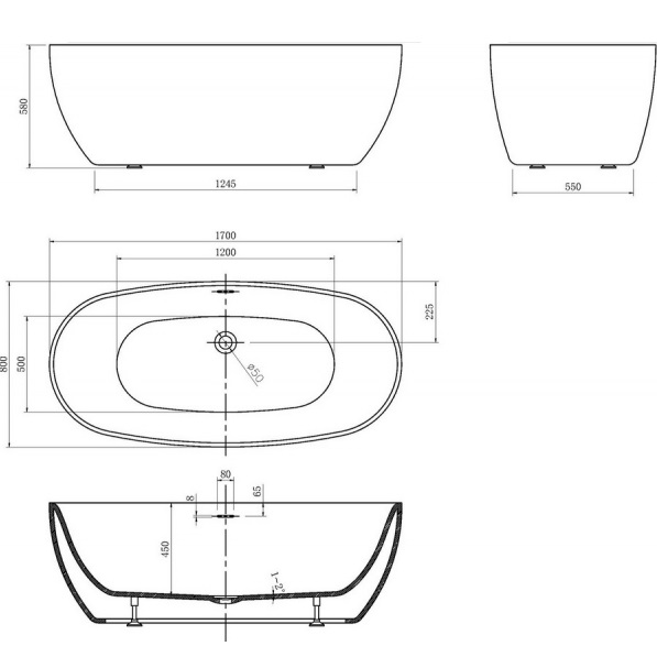 Ванна акриловая отдельностоящая Abber AB9265-1.7 170x80x58 (белый), слив-перелив