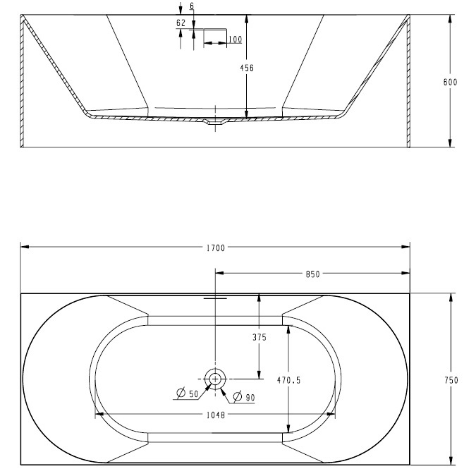 Ванна акриловая отдельностоящая ABBER AB9281 170x75x60 (белый), слив-перелив