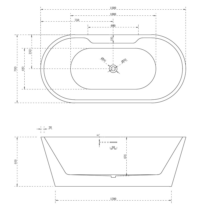 Ванна акриловая отдельностоящая ABBER AB9299-1.5 150x70x60 (белый), слив-перелив