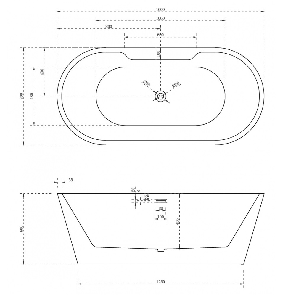 Ванна акриловая отдельностоящая ABBER AB9299-1.6 160x80x60 (белый), слив-перелив