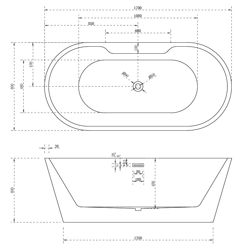 Ванна акриловая отдельностоящая ABBER AB9299-1.7 170x80x60 (белый), слив-перелив