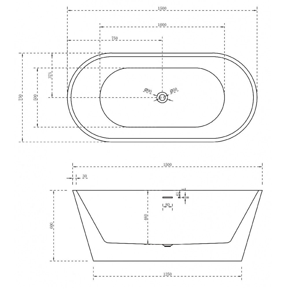 Ванна акриловая отдельностоящая ABBER AB9320-1.5 150x75x60 (белый), слив-перелив