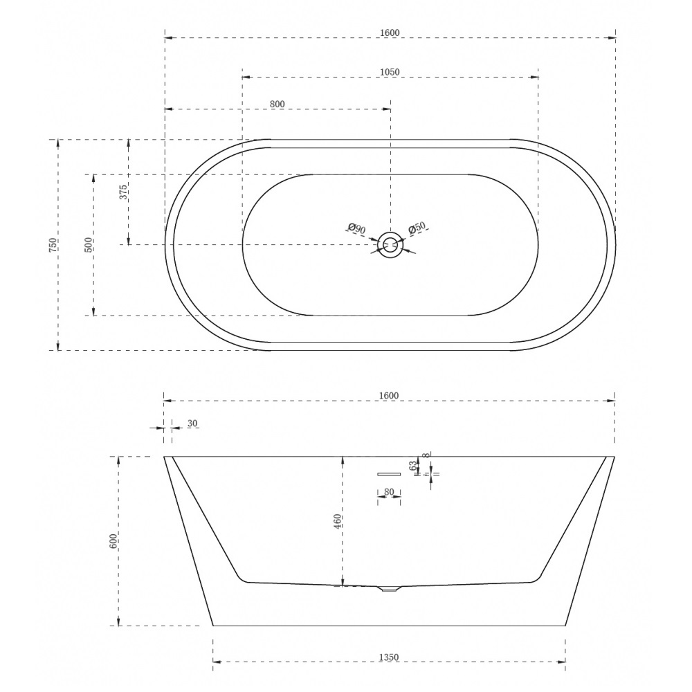 Ванна акриловая отдельностоящая ABBER AB9320-1.6 160x75x60 (белый), слив-перелив