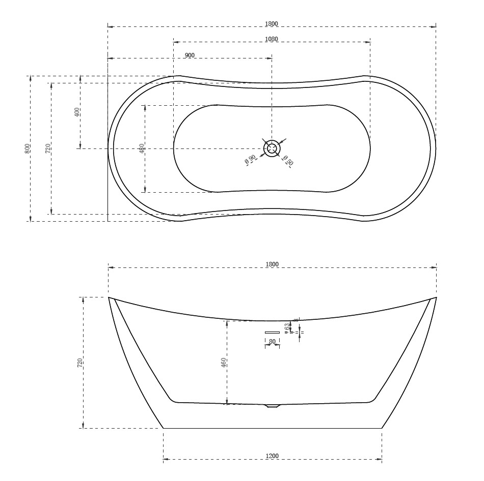 Ванна акриловая отдельностоящая ABBER AB9322 180x80x72 (белый), слив-перелив