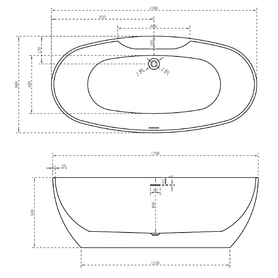 Ванна акриловая отдельностоящая ABBER AB9323 170x80x58 (белый), слив-перелив