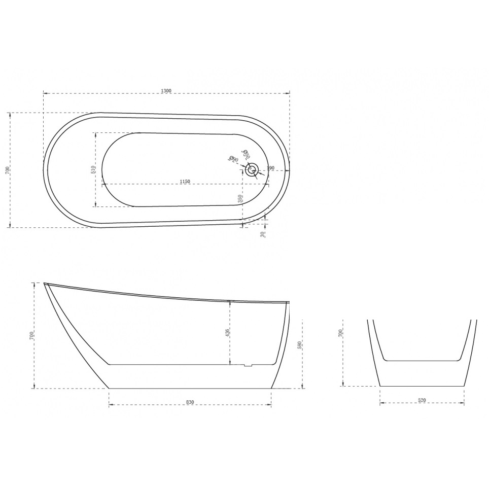 Ванна акриловая отдельностоящая ABBER AB9353-1.3 130x70x70 (белый), слив-перелив