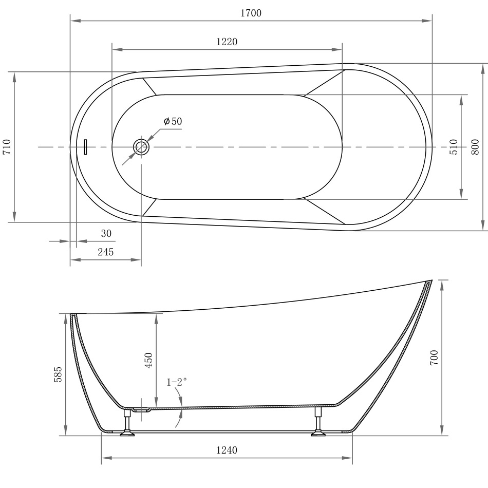 Ванна акриловая отдельностоящая Abber AB9501 170x80x70 (белый), слив-перелив