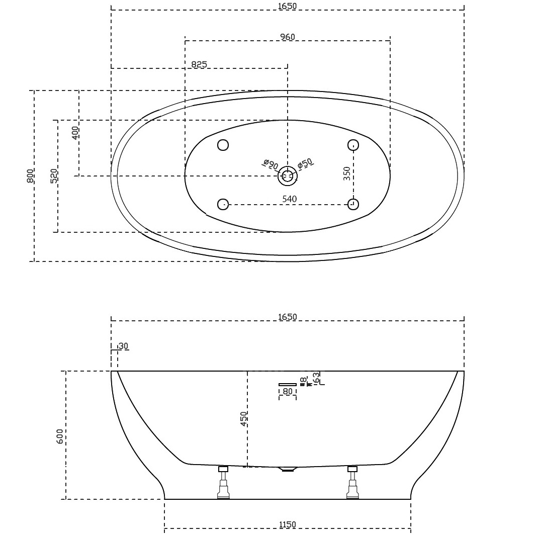 Ванна акриловая отдельностоящая ABBER AB9207 165x80x60 (белый), слив-перелив