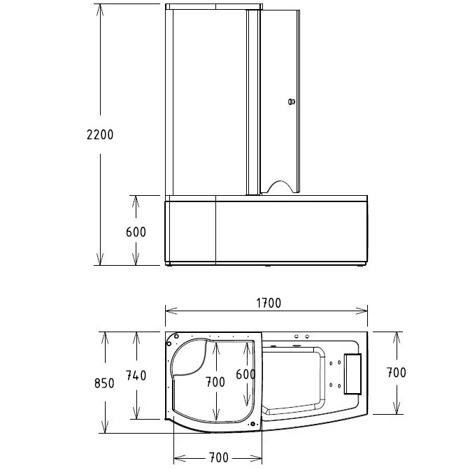 Ванна гидромассажная пристенная  Gemy G8040 B L 170х85х220 (белый), слив-перелив, левосторонняя