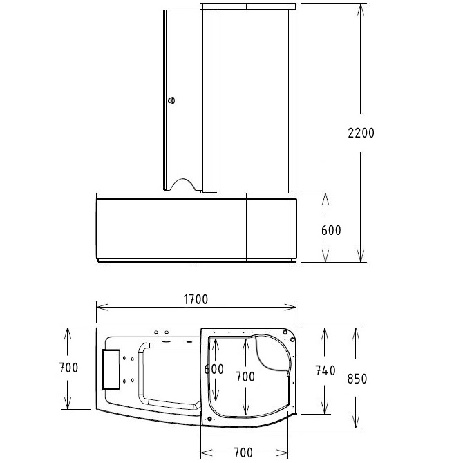 Ванна гидромассажная пристенная  Gemy G8040 B R 170х85х220 (белый), слив-перелив, правосторонняя