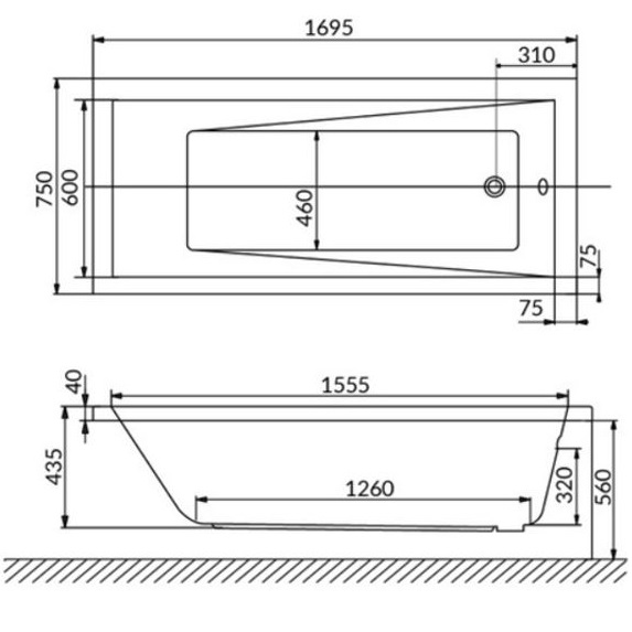 Ванна акриловая пристенная 170x75 см, Whitecross Wave 0101.170075.100 (белый глянцевый)