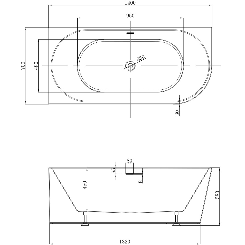 Ванна акриловая пристенная Abber AB9502-1.4 L 140x70x58 (белый), левая, слив-перелив