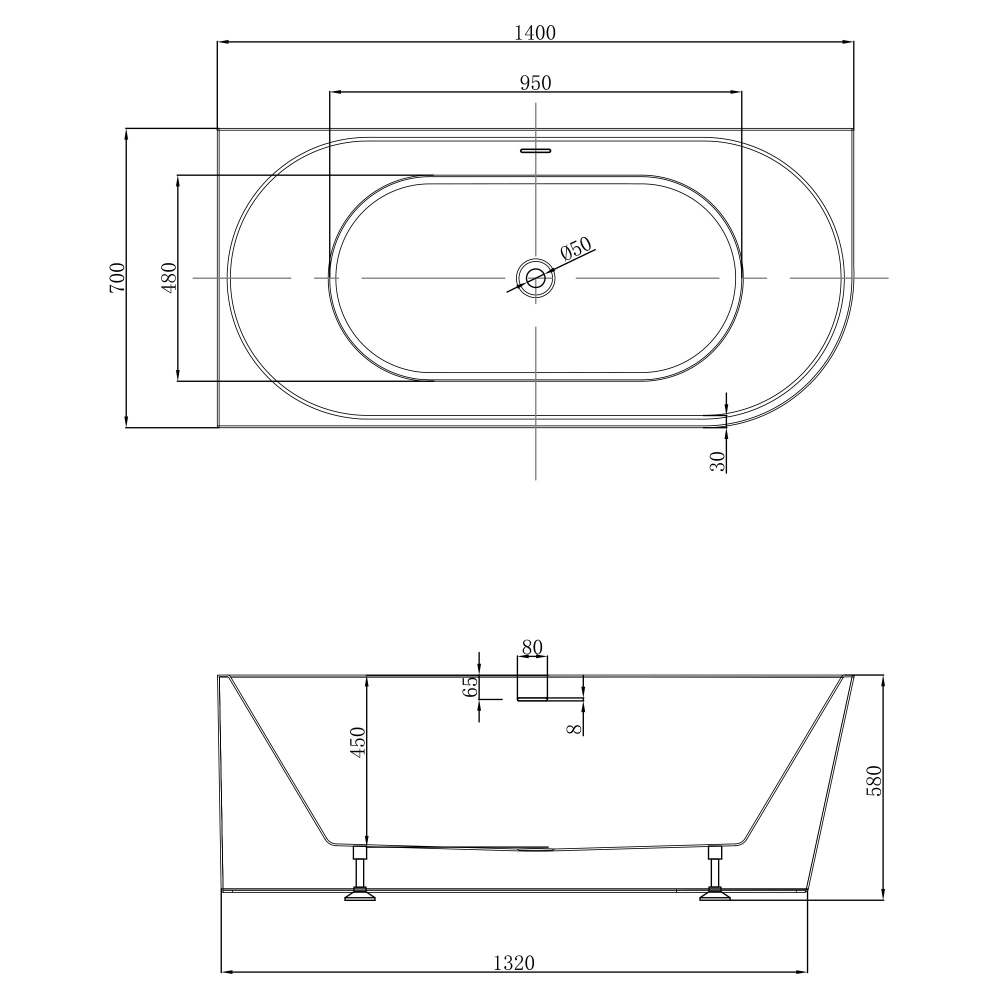 Ванна акриловая пристенная Abber AB9502-1.4 R 140x70x58 (белый), правая, слив-перелив 