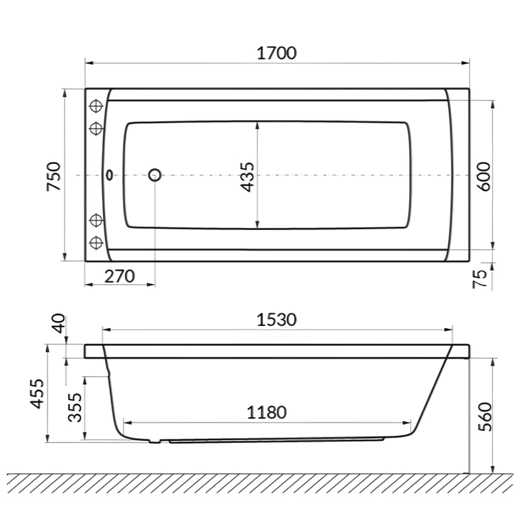 Ванна акриловая пристенная Excellent Aquaria WAEX.AQU17WH 170x75 (белый глянец), без слива-перелива