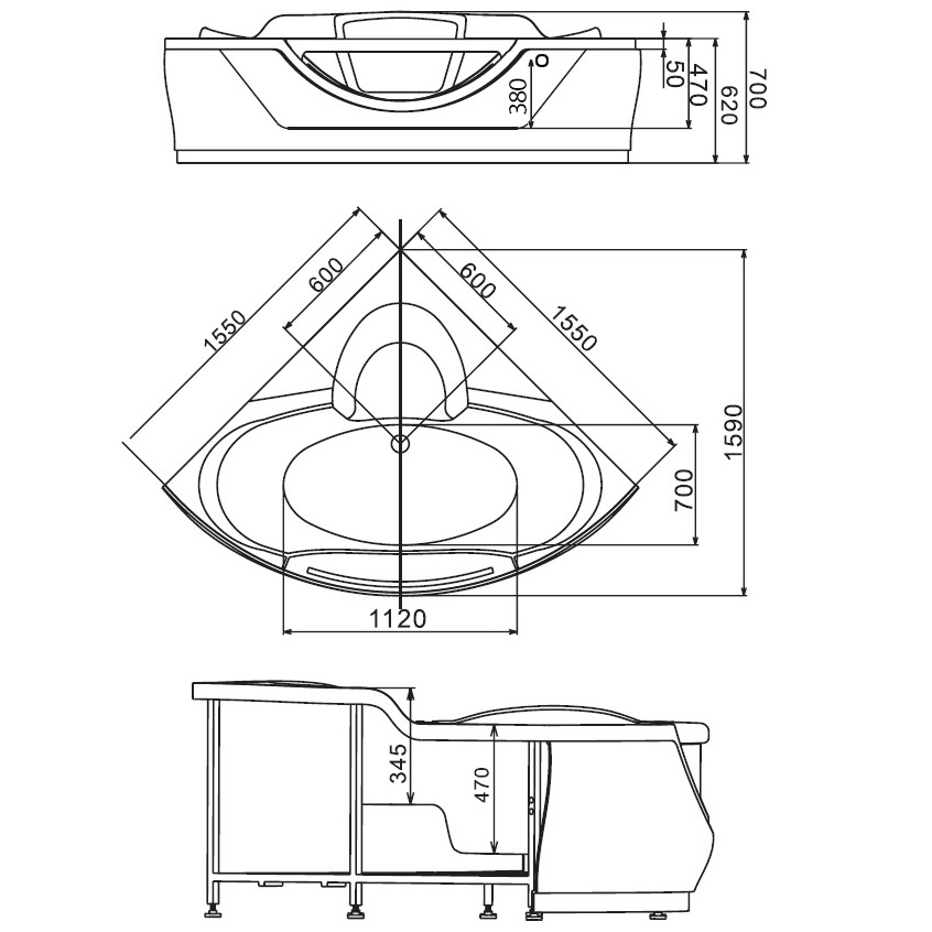 Ванна гидромассажная пристенная Gemy G9025 II B 155х155х70 (белый), слив-перелив