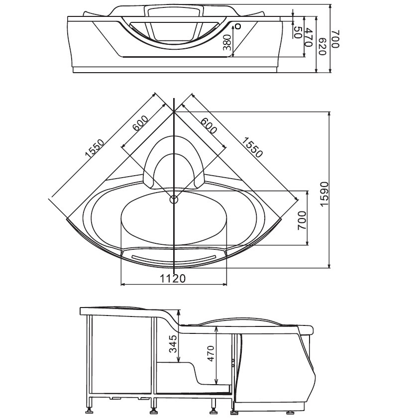 Ванна гидромассажная пристенная Gemy G9025 II K 155х155х70 (белый), слив-перелив