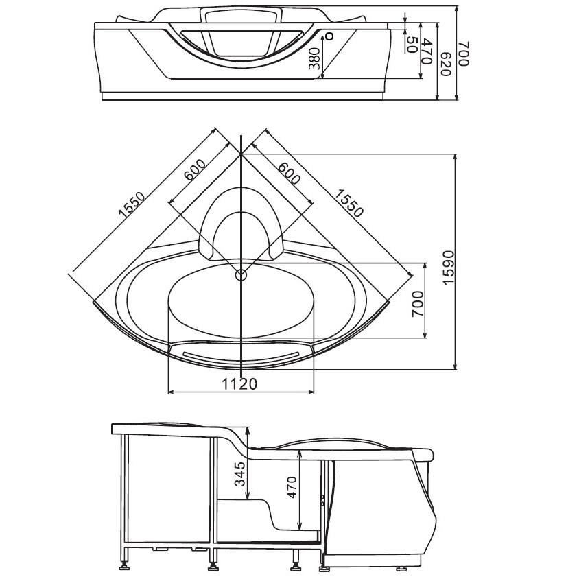 Ванна гидромассажная пристенная Gemy G9025 II O 155х155х70 (белый), слив-перелив