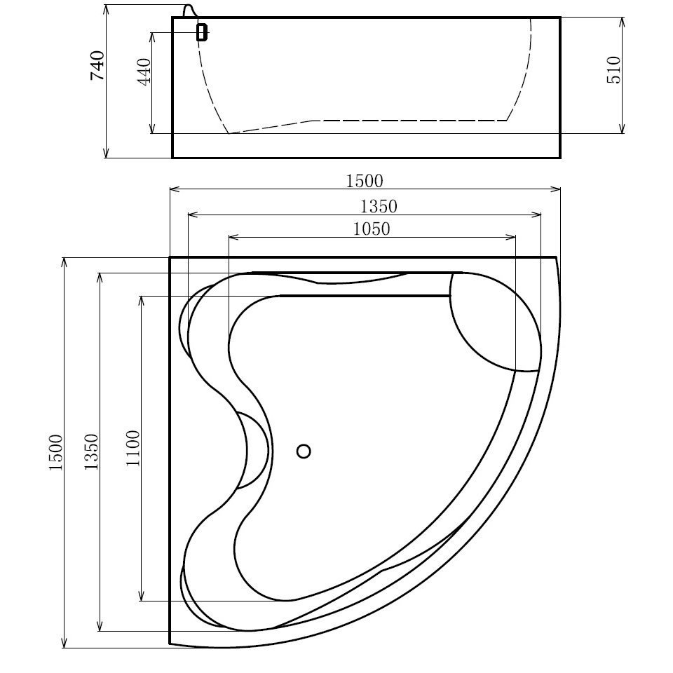 Ванна гидромассажная пристенная Gemy G9041 K 150х150х74 (белый), слив-перелив