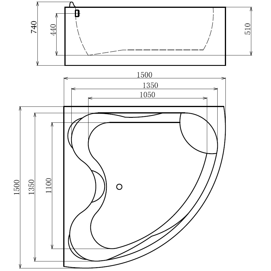 Ванна гидромассажная пристенная Gemy G9041 O 150х150х74 (белый), слив-перелив