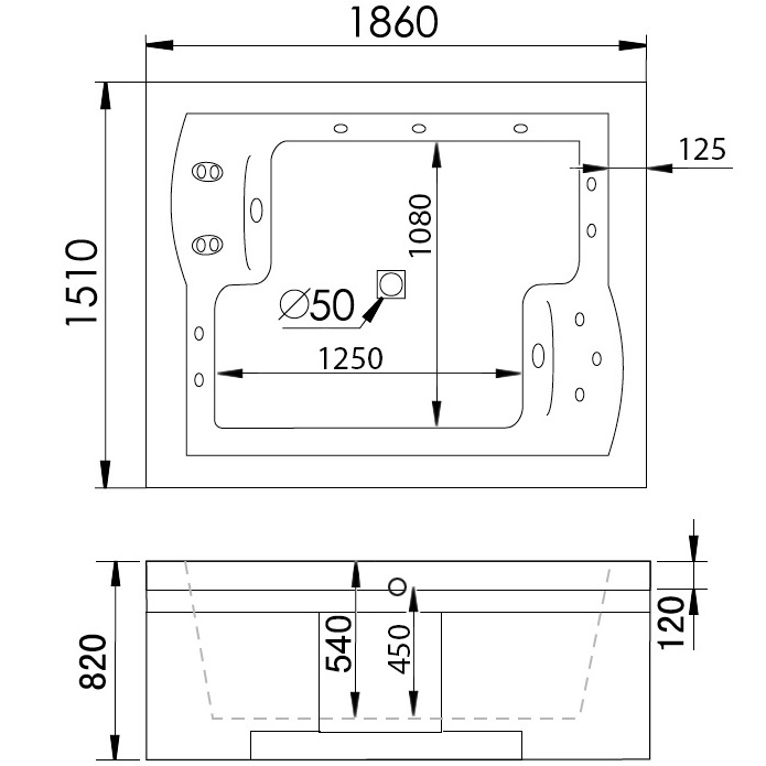 Ванна гидромассажная пристенная Gemy G9052 II B R 186х151х82 (белый), слив-перелив, правосторонняя
