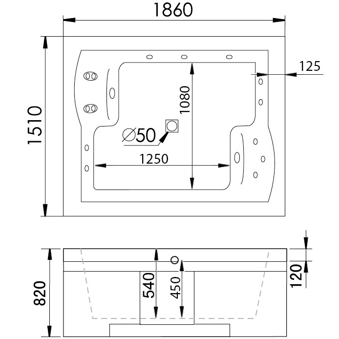 Ванна гидромассажная пристенная Gemy G9052 II O R 186х151х82 (белый), слив-перелив, правосторонняя