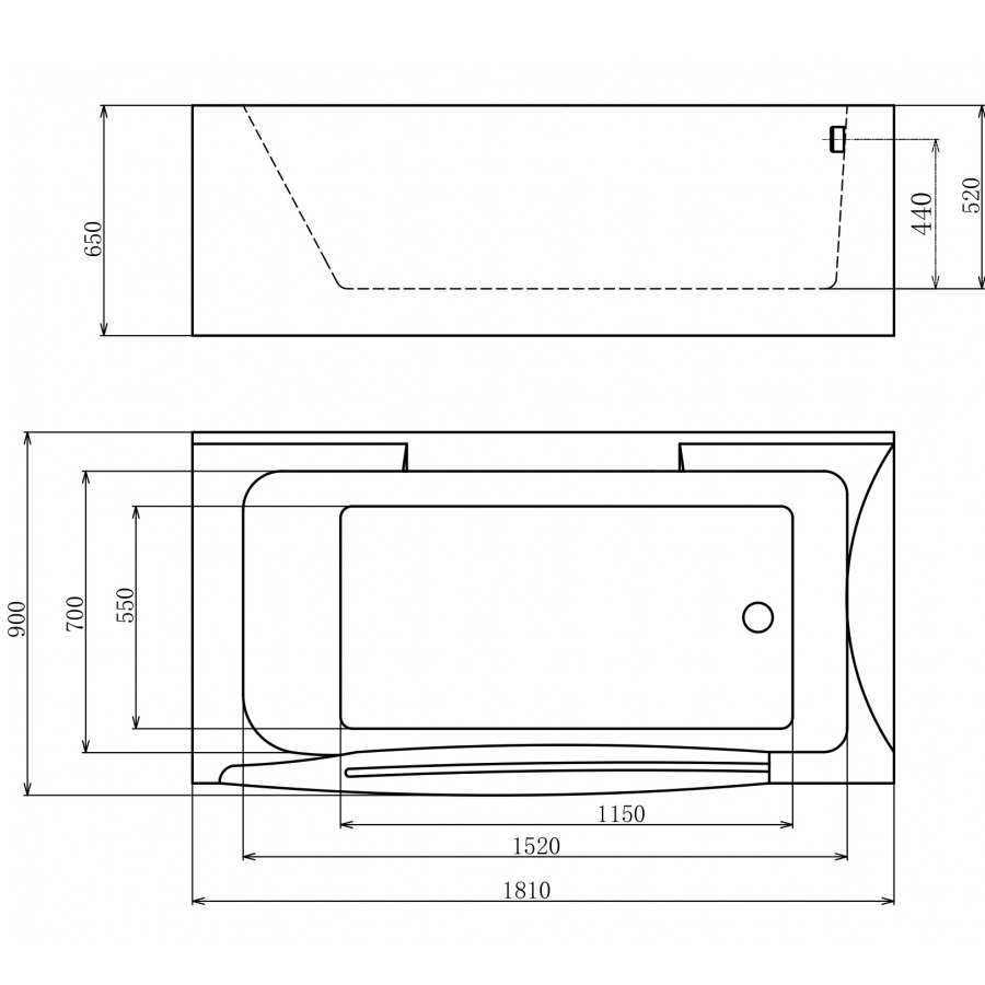 Ванна гидромассажная пристенная Gemy G9055 O R 181х90х65 (белый), слив-перелив, правосторонняя