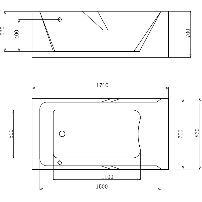 Ванна гидромассажная пристенная Gemy G9066 II K L 171х86х70 (белый), слив-перелив, левосторонняя