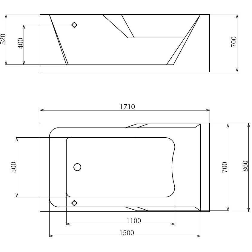 Ванна гидромассажная пристенная Gemy G9066 II O L 171х86х70 (белый), слив-перелив, левосторонняя
