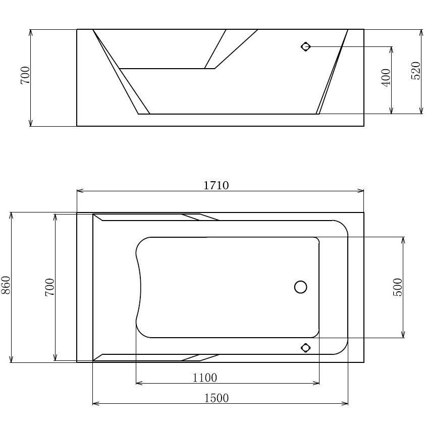 Ванна гидромассажная пристенная Gemy G9066 II O R 171х86х70 (белый), слив-перелив, правосторонняя