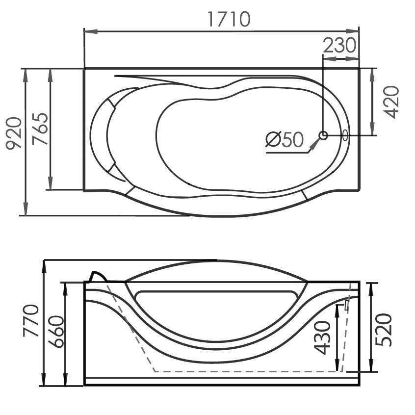 Ванна акриловая пристенная Gemy G9072 B R 171х92х77 (белый), слив-перелив, правосторонняя