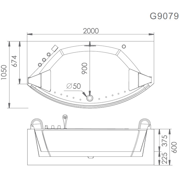 Ванна гидромассажная пристенная Gemy G9079 200х105х60 (белый), слив-перелив