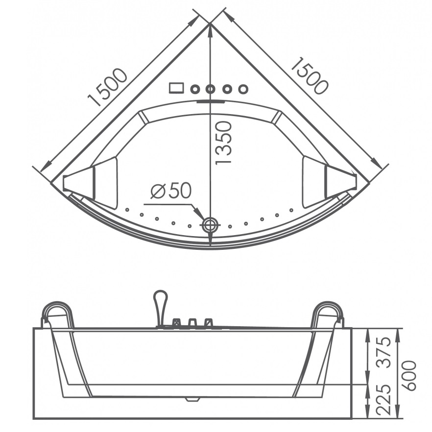 Ванна гидромассажная пристенная Gemy G9080 150х150х60 (белый), слив-перелив