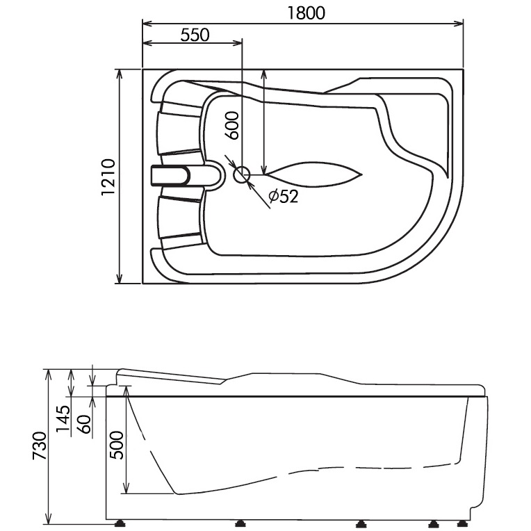 Ванна гидромассажная пристенная Gemy G9083 K L 180х121х73 (белый), слив-перелив, левосторонняя
