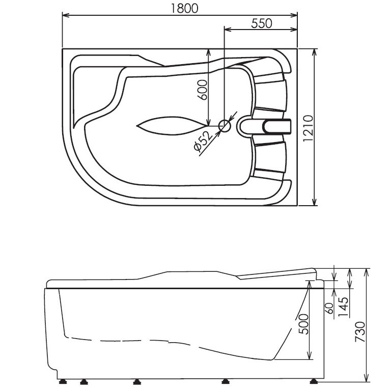 Ванна гидромассажная пристенная Gemy G9083 K R 180х121х73 (белый), слив-перелив, правосторонняя