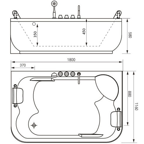 Ванна гидромассажная пристенная Gemy G9085 B R 180х116х69 (белый), слив-перелив, правосторонняя