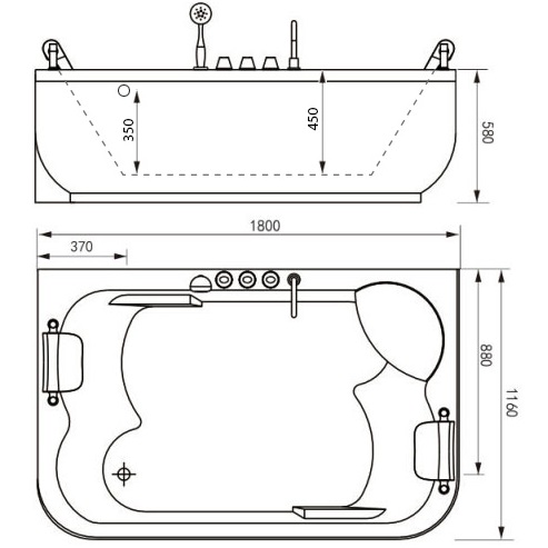 Ванна гидромассажная пристенная Gemy G9085 K R 180х116х69 (белый), слив-перелив, правосторонняя