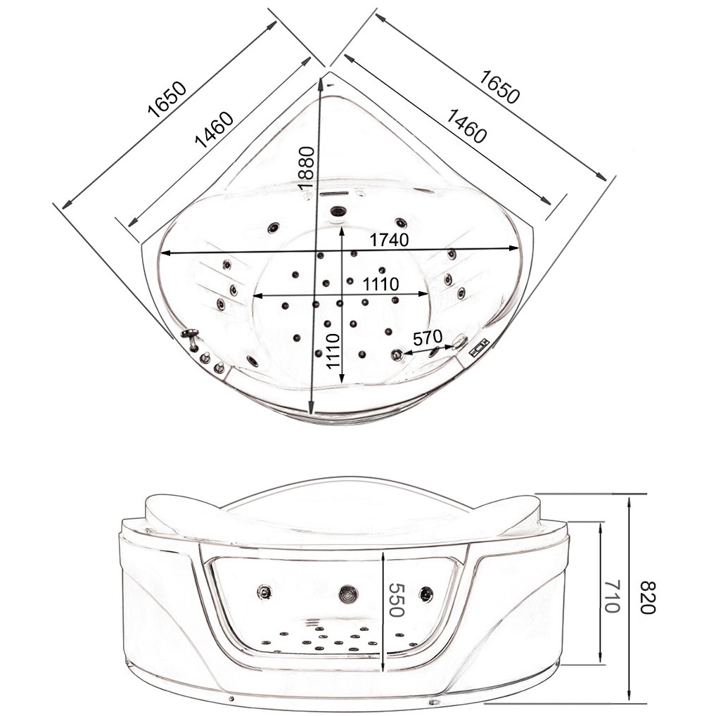 Ванна гидромассажная пристенная Gemy G9247 K 165х165х82 (белый), слив-перелив
