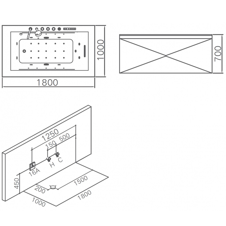 Ванна гидромассажная пристенная Gemy G9258 180х100х70 (белый), слив-перелив